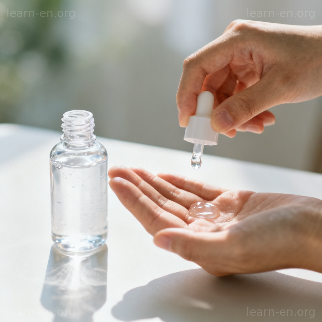 Hand Sanitizer 图解：桌上凝胶瓶，挤入手心消毒场景