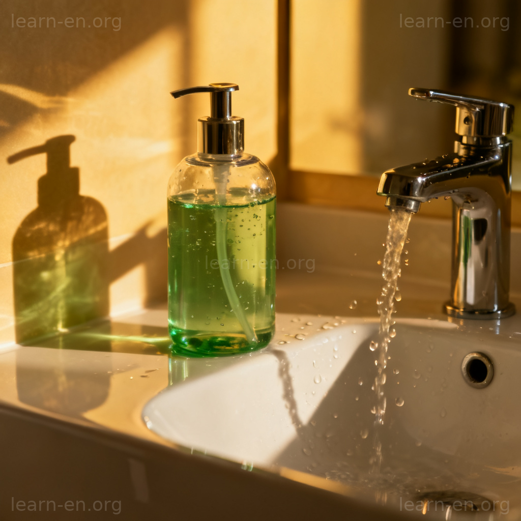 Hand Soap 图解：陶瓷水槽旁绿色液体洗手液瓶