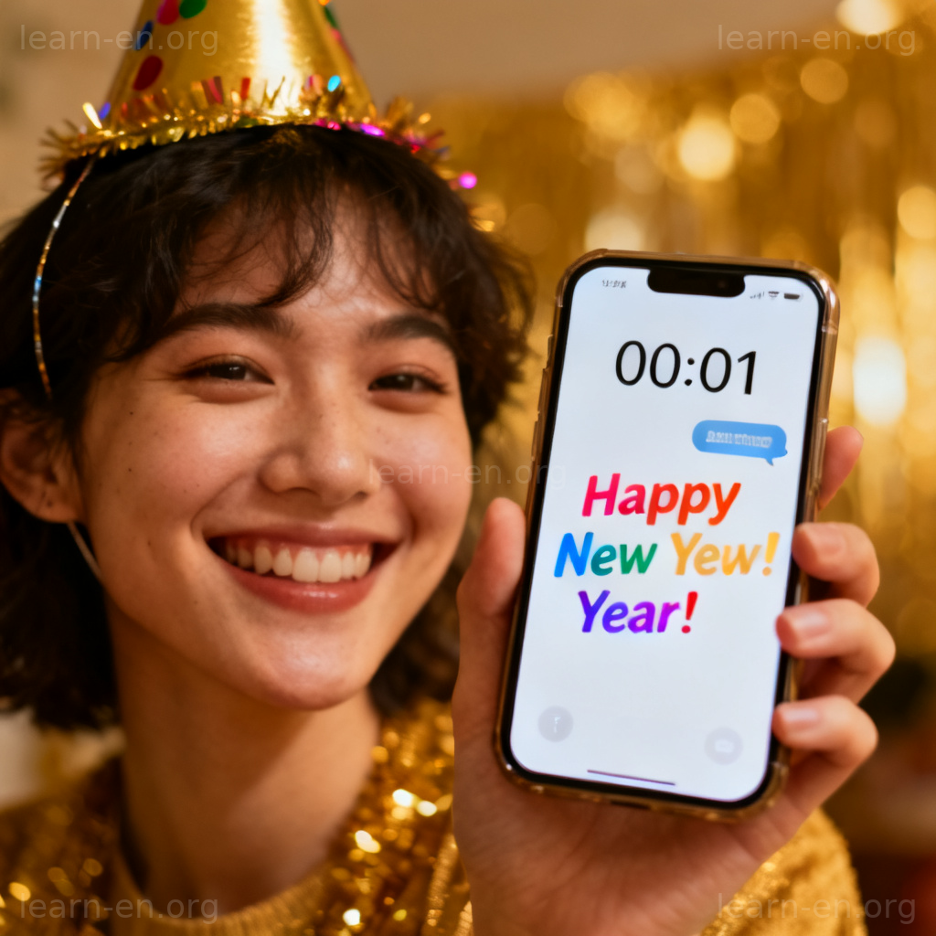 Happy New Year! 图解：戴派对帽的人笑着看手机上的新年祝福信息