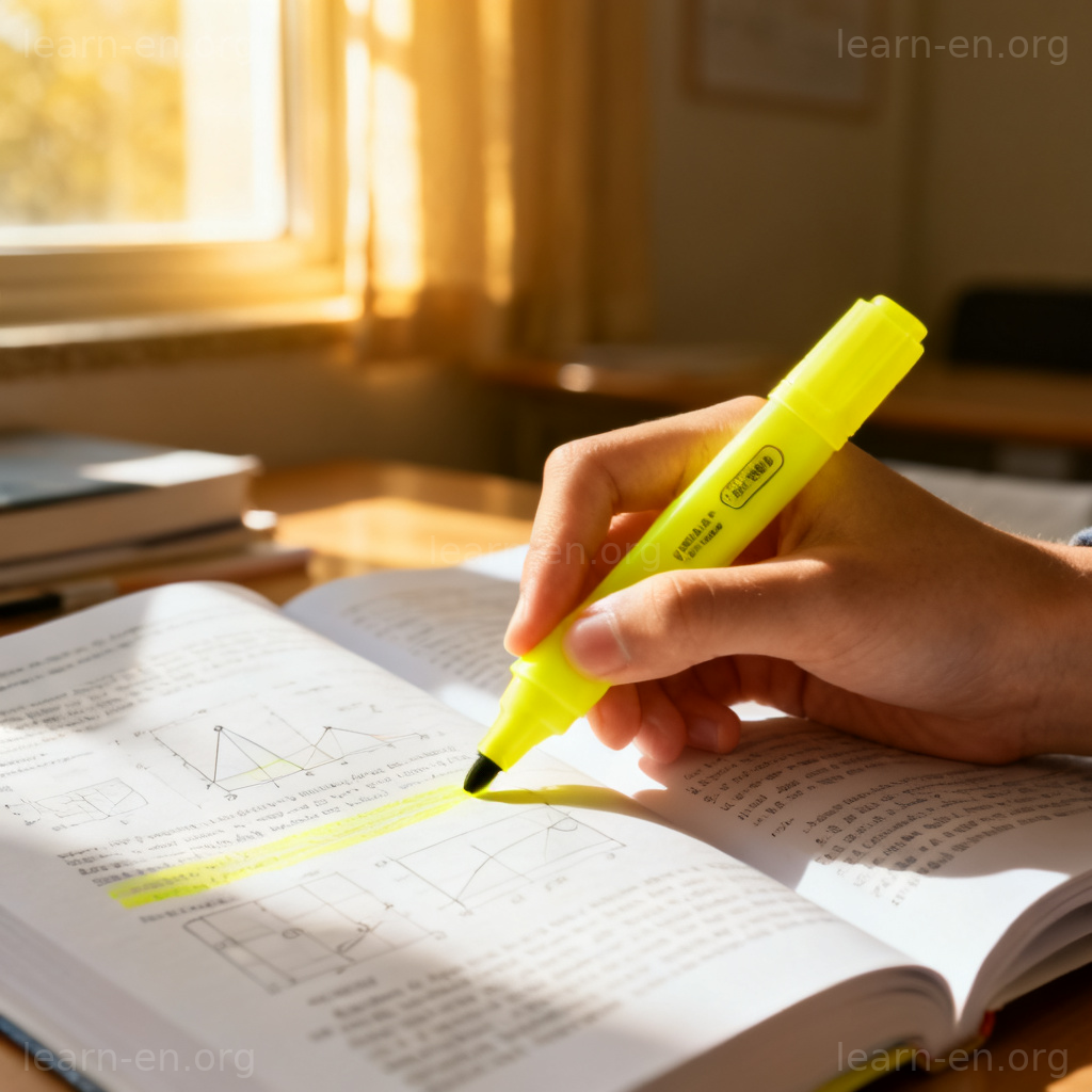 highlighter 荧光笔图解：学生在课本上用黄色荧光笔做标记