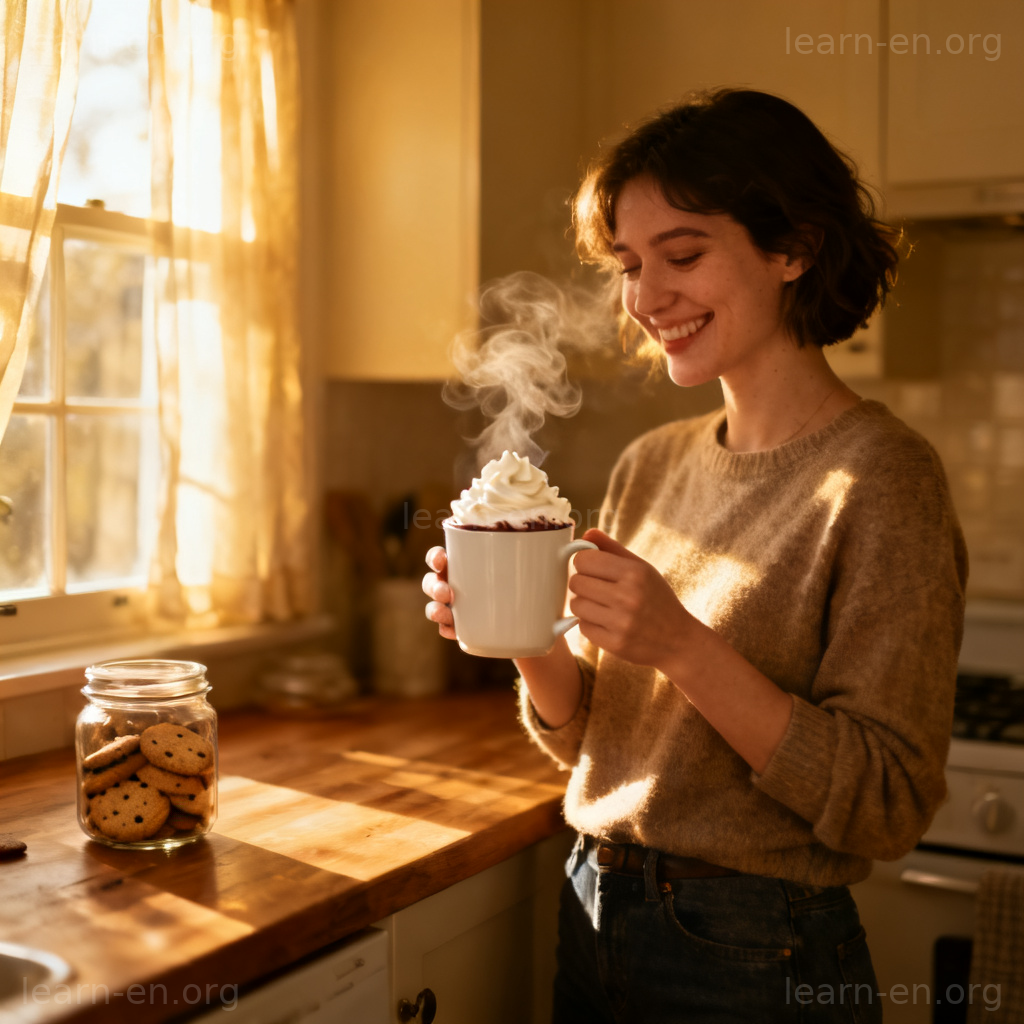 Hot Chocolate 热巧克力图解：一杯顶部有奶油的热饮在温馨厨房