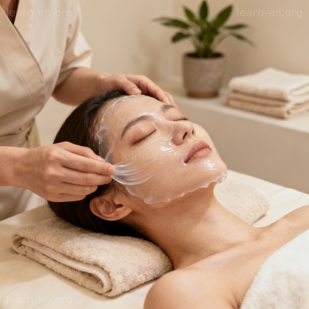 I'd like a facial treatment 图解：顾客在水疗中心享受面部护理
