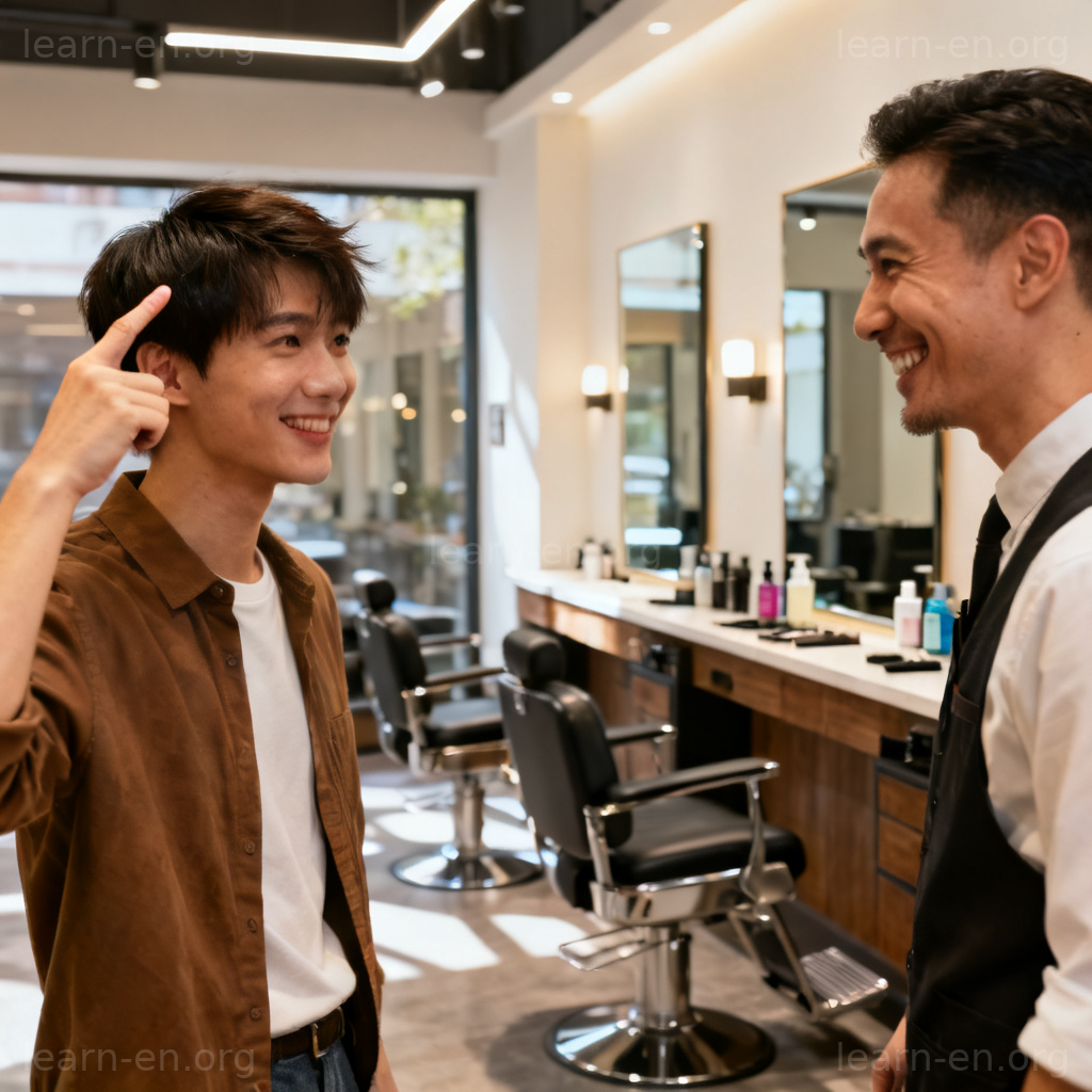 I'd like a haircut 图解：顾客在理发店礼貌指向头发与发型师沟通