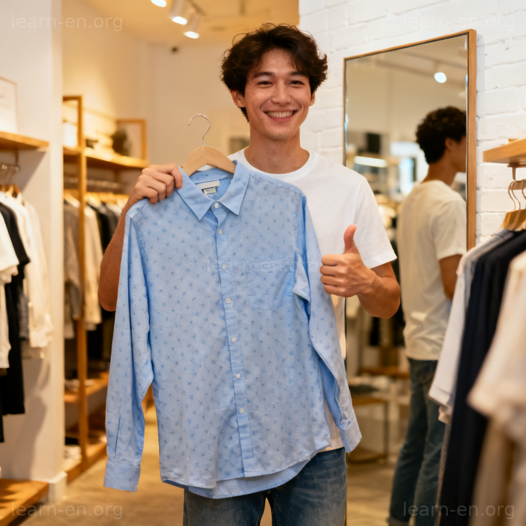 I'm a size medium 购物场景图解：顾客在商店试穿中码衣服