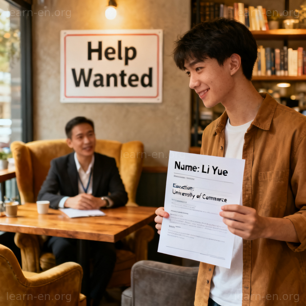I'm looking for a part-time job 求职场景图解：年轻人在咖啡馆向经理递交简历