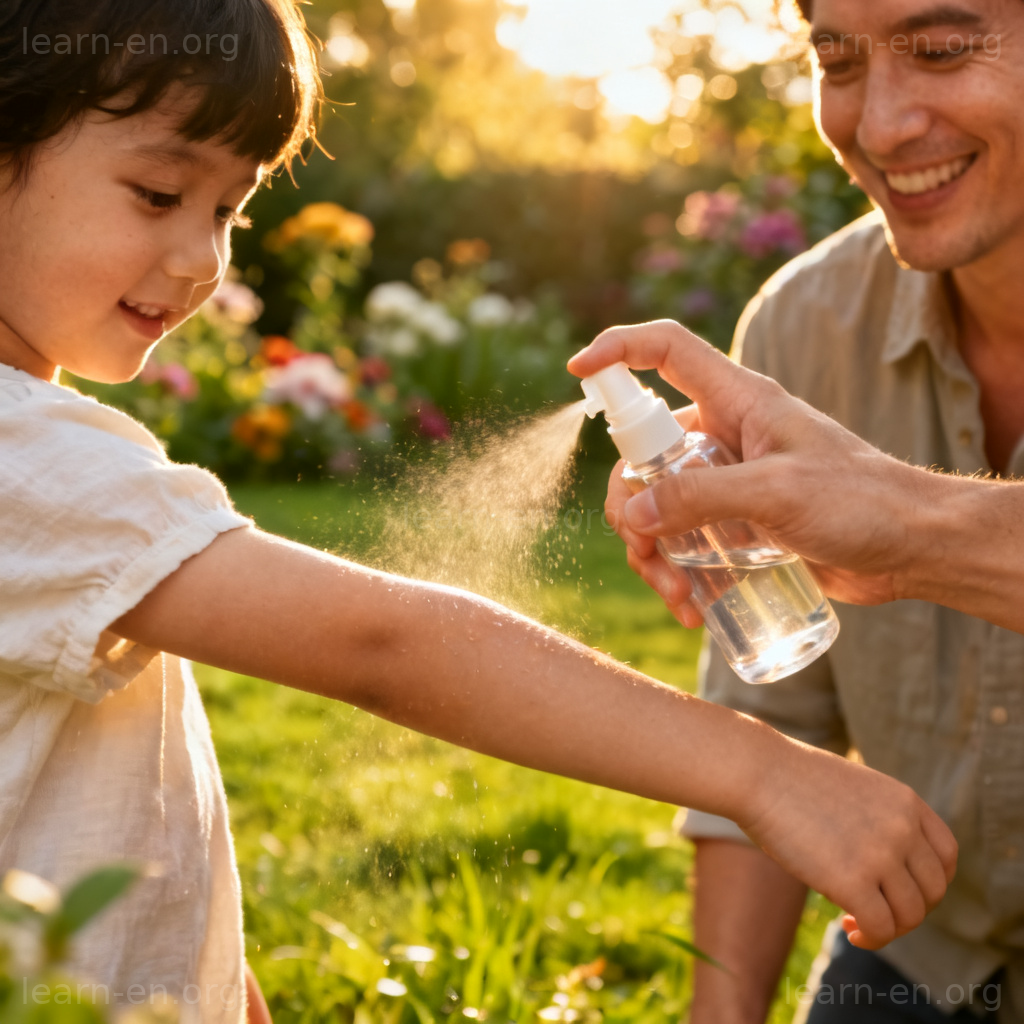 Insect Repellent 图解：家长在花园为孩子手臂喷涂驱虫喷雾的场景