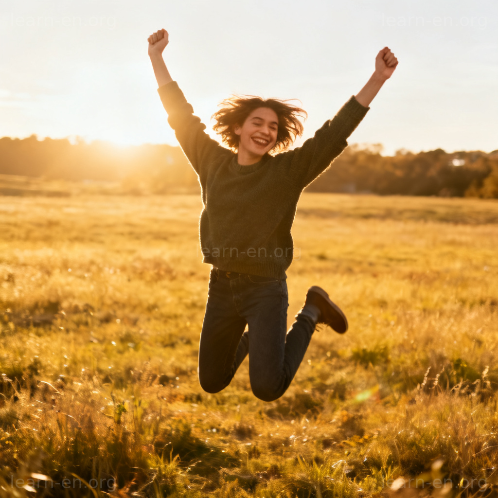 Jump for joy 图解：人物在阳光下开心跳跃，表达欣喜若狂