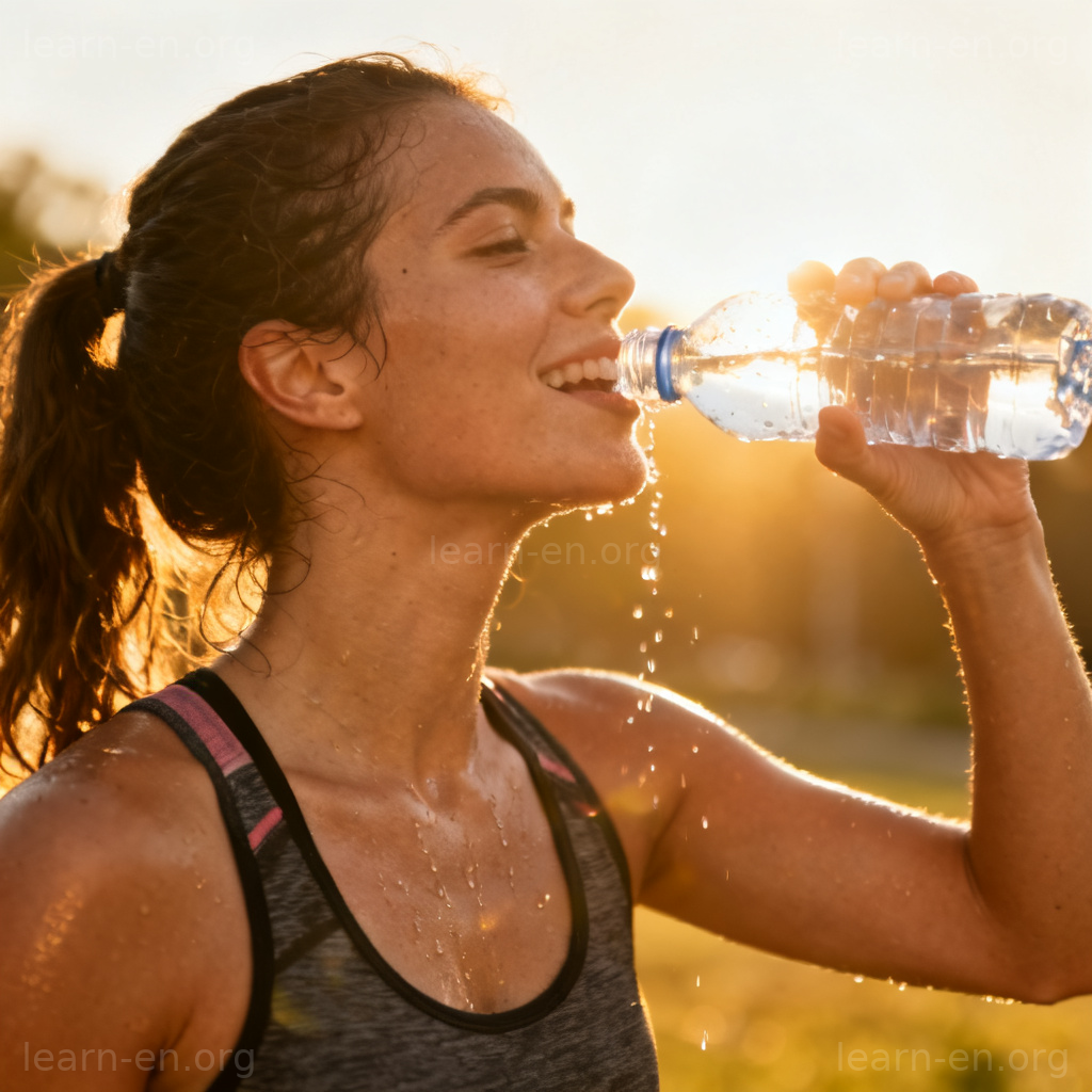 Keep Hydrated 含义图解：运动后阳光下愉快喝水补充水分