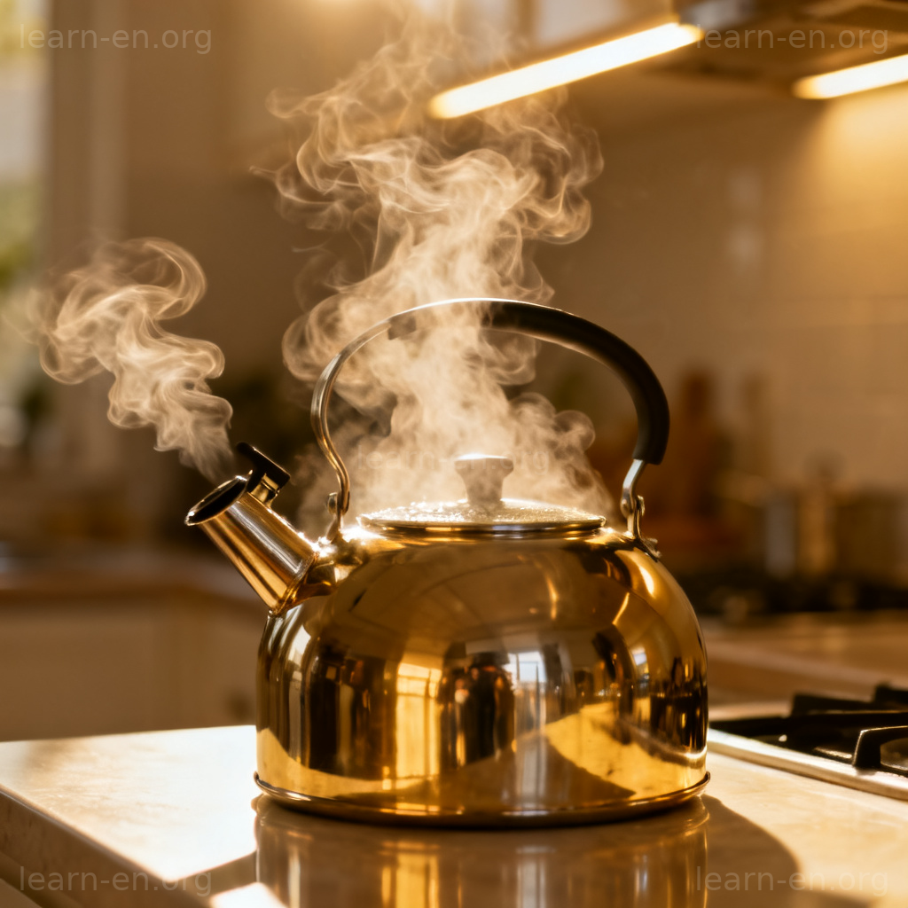 Kettle 水壶图解：不锈钢烧水壶在厨房台面上沸腾冒蒸汽