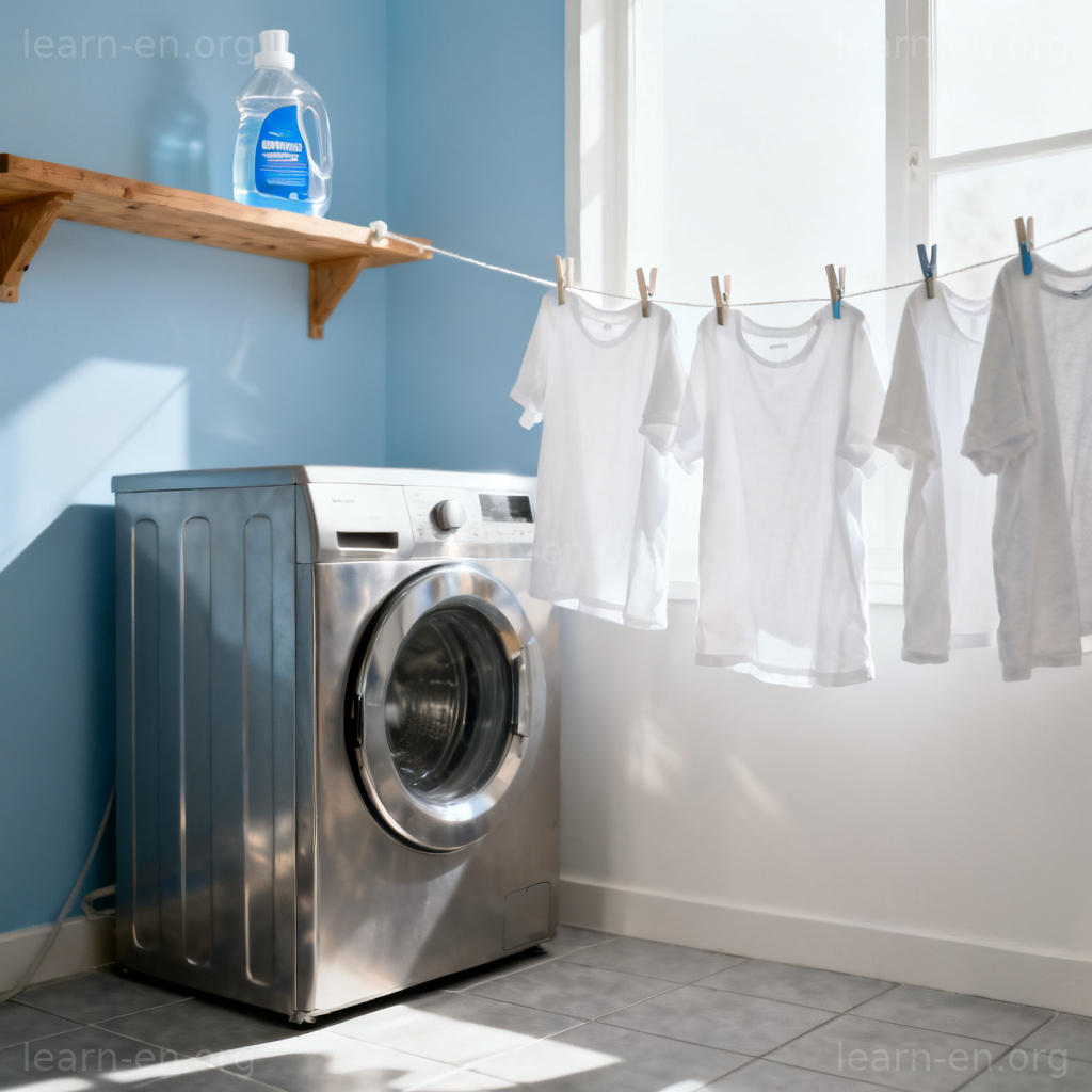 Laundry Detergent 图解：明亮洗衣房中洗衣机旁的洗衣液瓶