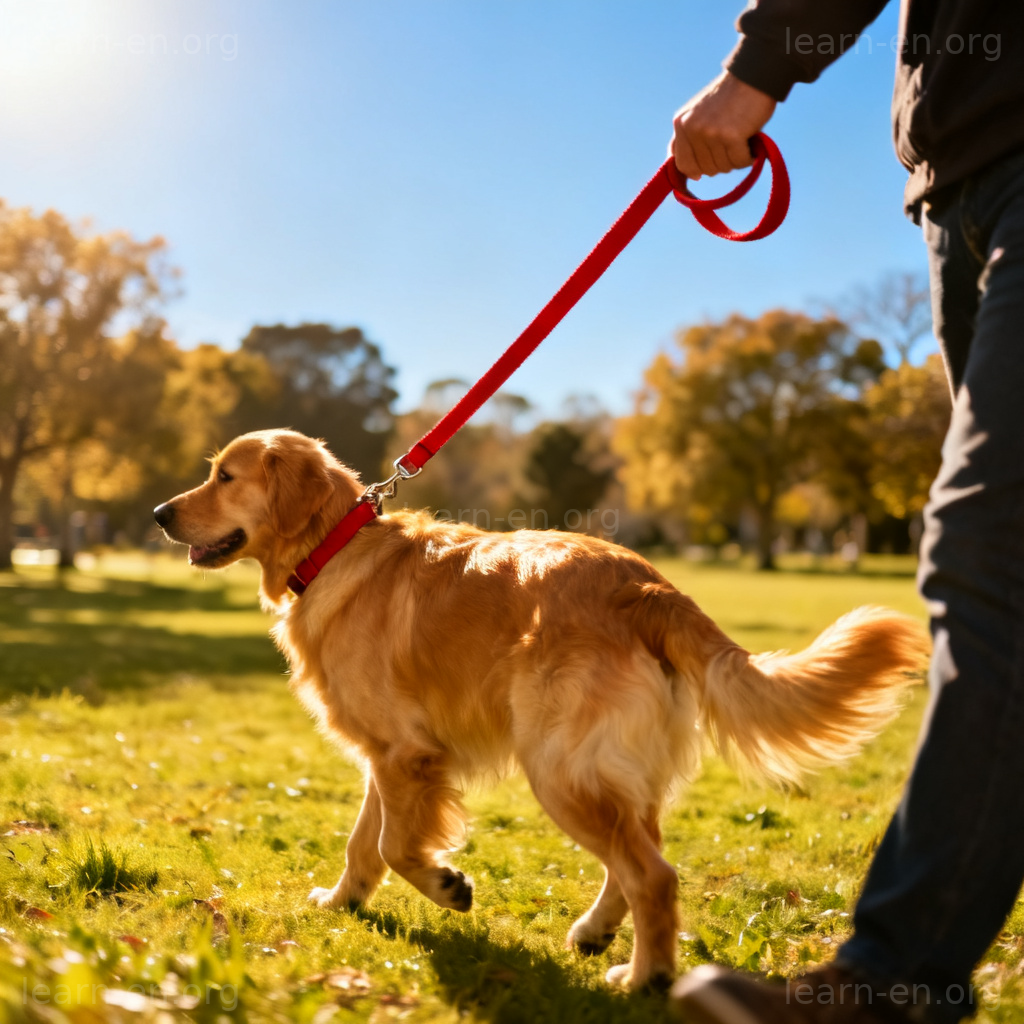 Leash 狗绳图解：公园中金毛犬佩戴红色牵引带