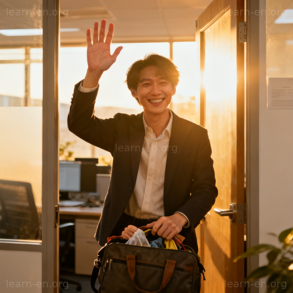 leave early 图解：员工提前下班挥手告别场景