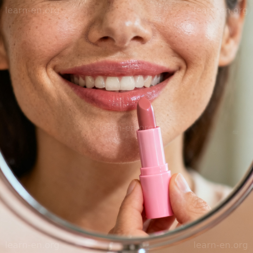 lipstick 口红图解：女性手持粉色口红对镜涂抹场景