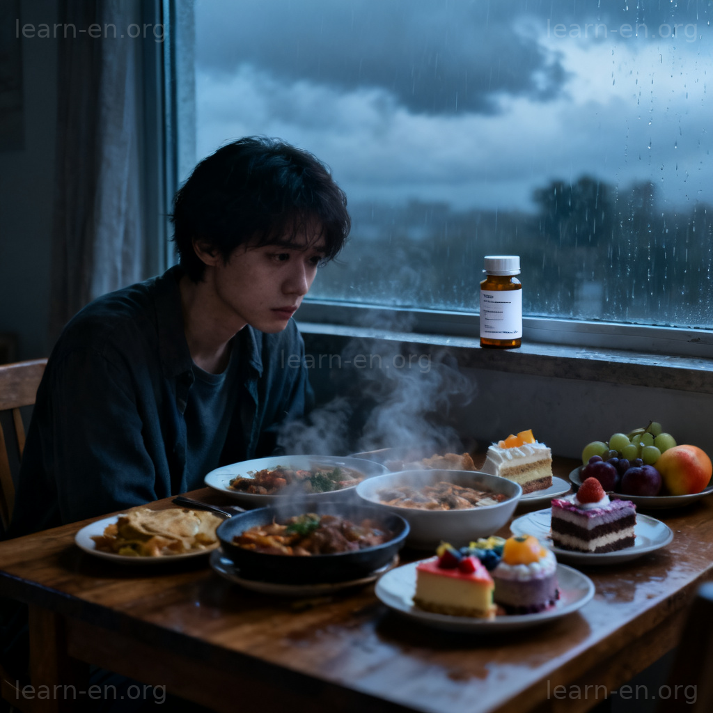 Loss of Appetite 图解：面对美食却毫无食欲的人，背景有药瓶