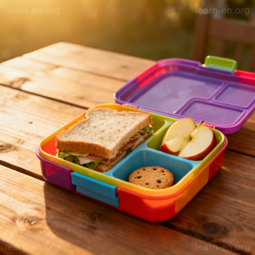 Lunch Box 图解：彩色塑料午餐盒内装有三明治和水果的场景