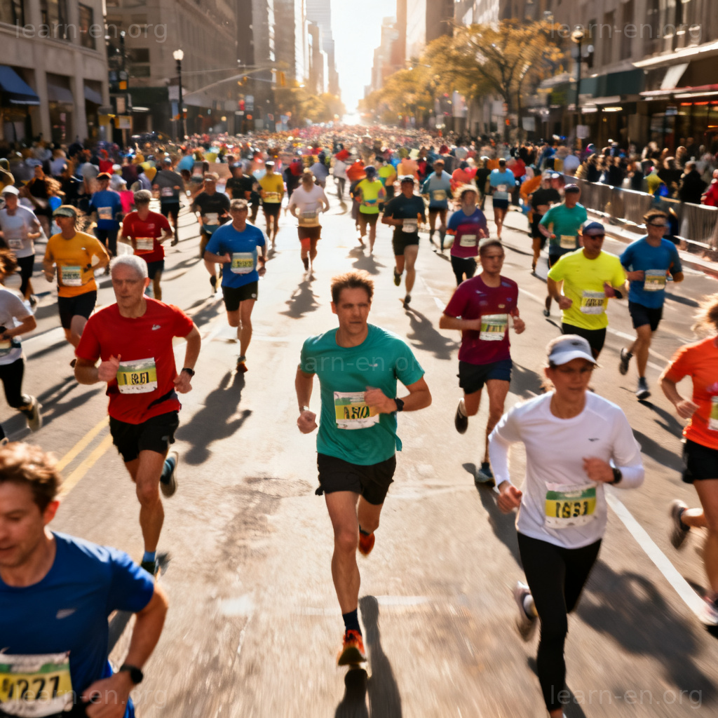 Marathon 图解：城市街道上不同年龄的跑者参加马拉松比赛