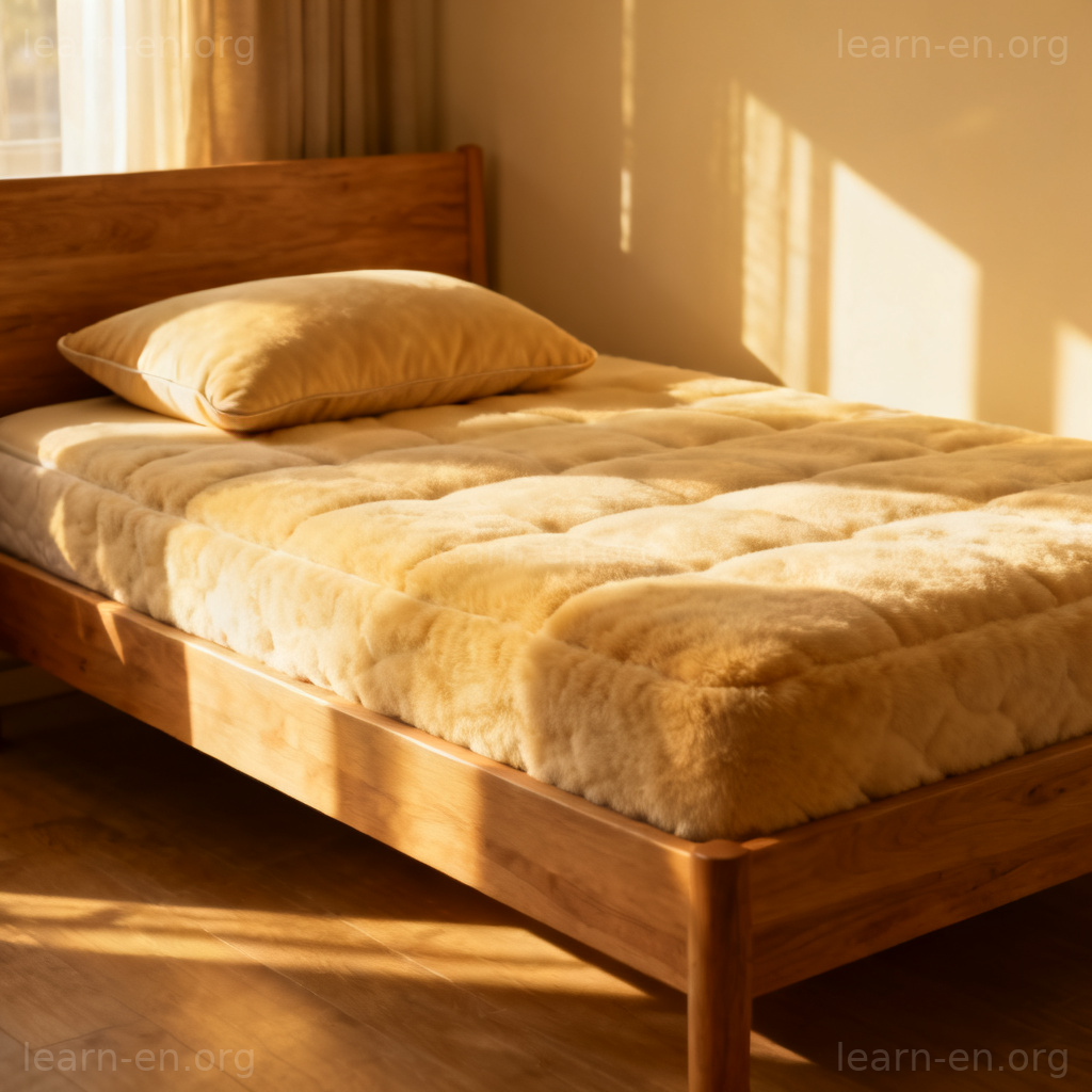 mattress 床垫图解：木质床架上蓬松整洁的床垫场景