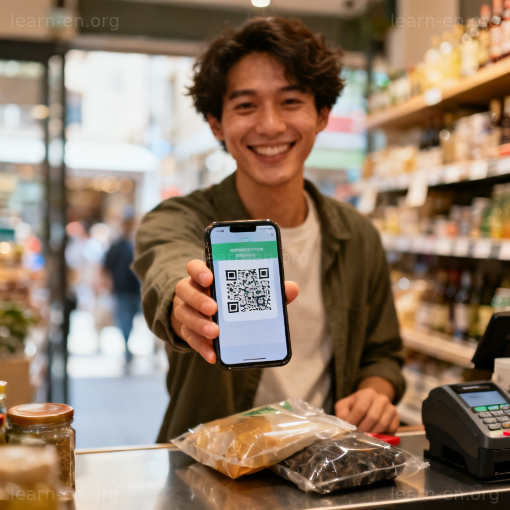 Mobile payment 移动支付图解：顾客用手机扫描二维码完成付款