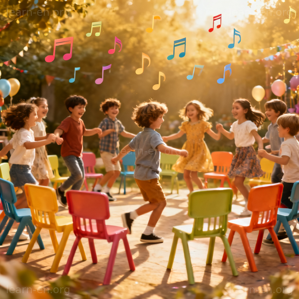 Musical Chairs 抢椅子游戏场景图解：孩子们围着彩色椅子转圈