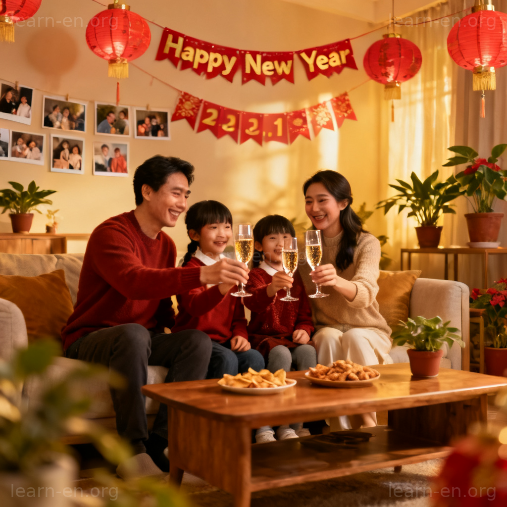 New Year's Day 图解：元旦家庭聚会举杯庆祝场景