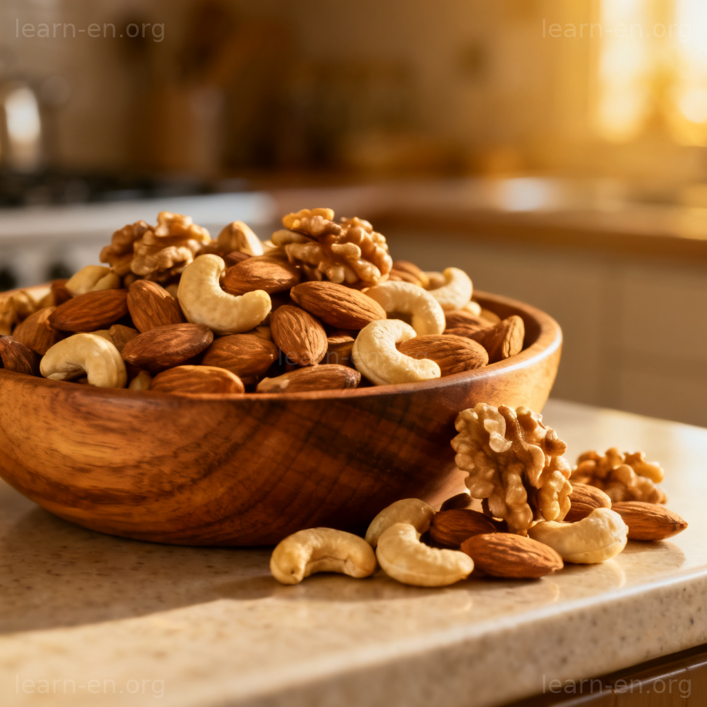 nuts 坚果含义图解：木碗盛满杏仁核桃等混合坚果