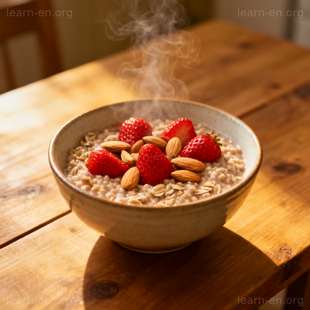 Oatmeal 图解：一碗热气腾腾、点缀着草莓和杏仁的燕麦粥