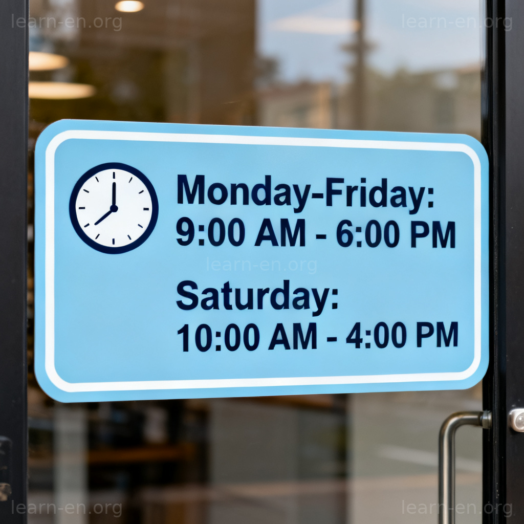 opening hours 图解：商店门上标有营业时间的告示牌