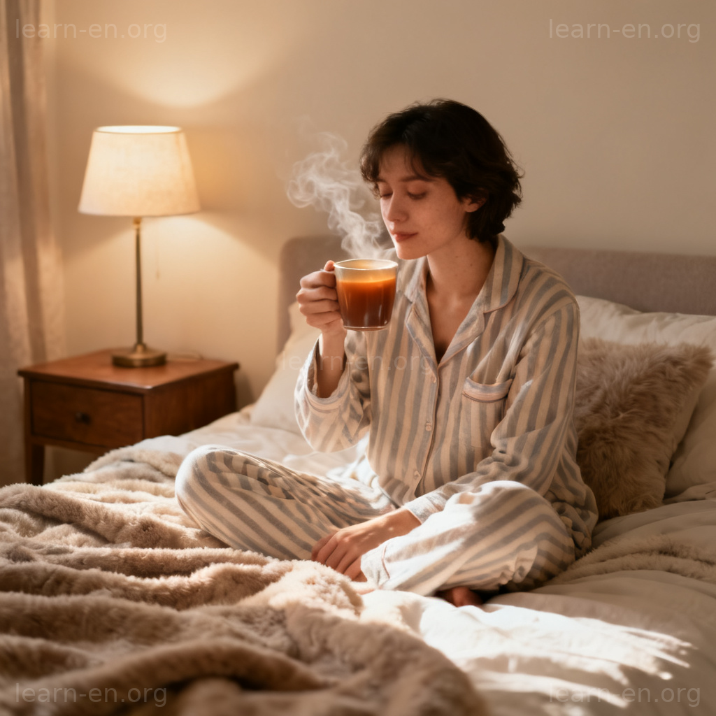 Pajamas 图解：穿着条纹睡衣在卧室放松的场景