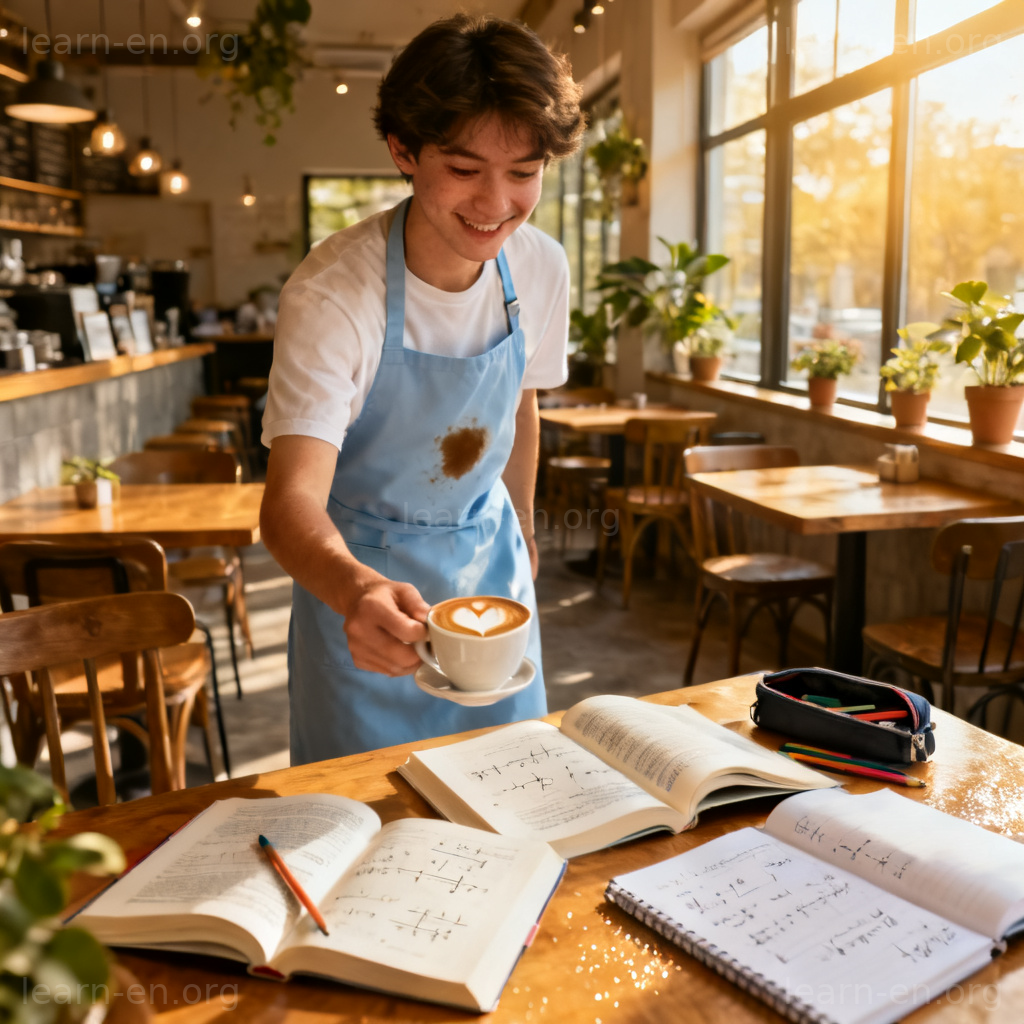 Part-Time Job 兼职场景图解：学生在咖啡馆微笑服务