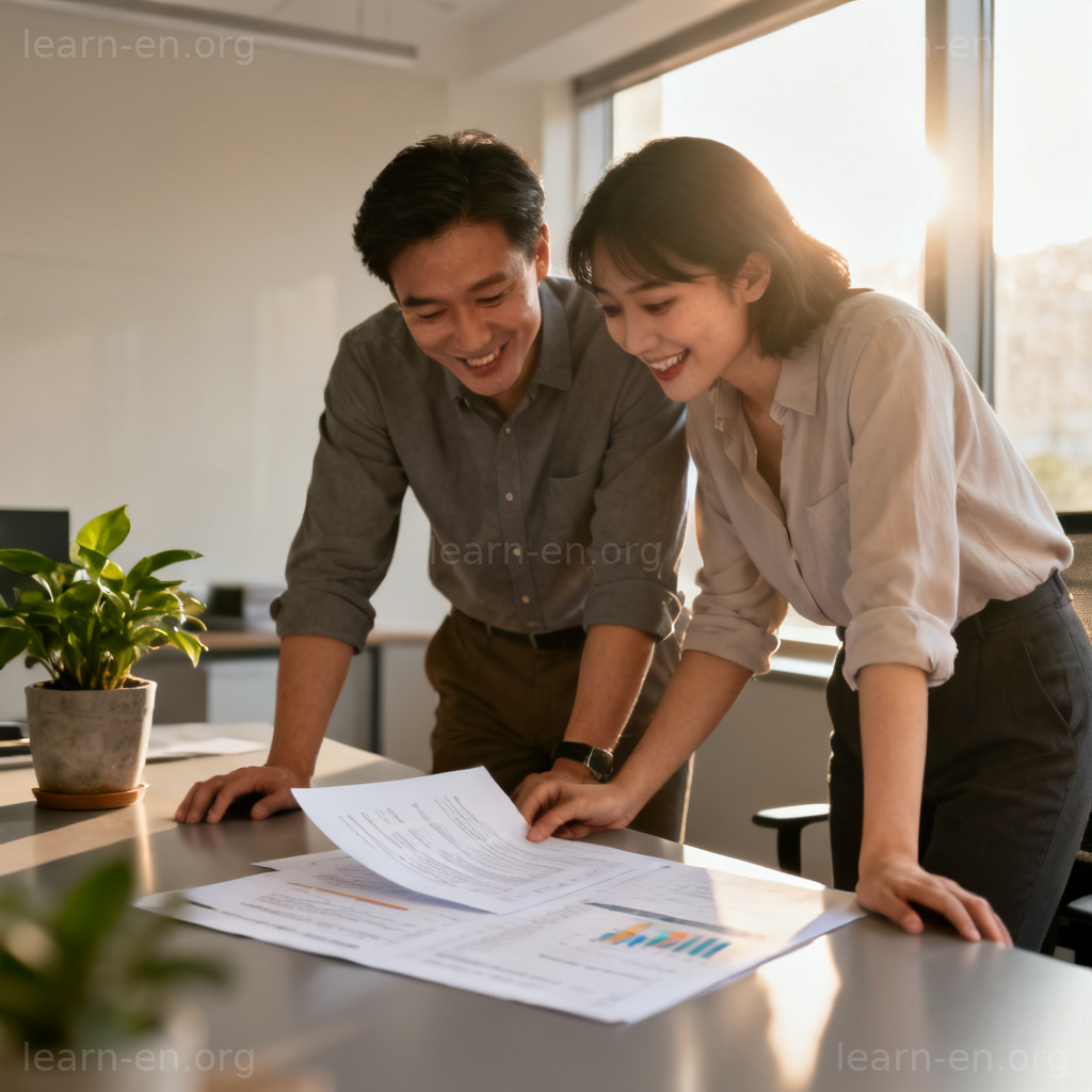 Performance Review 图解：现代办公室中经理与员工友好讨论评估文件