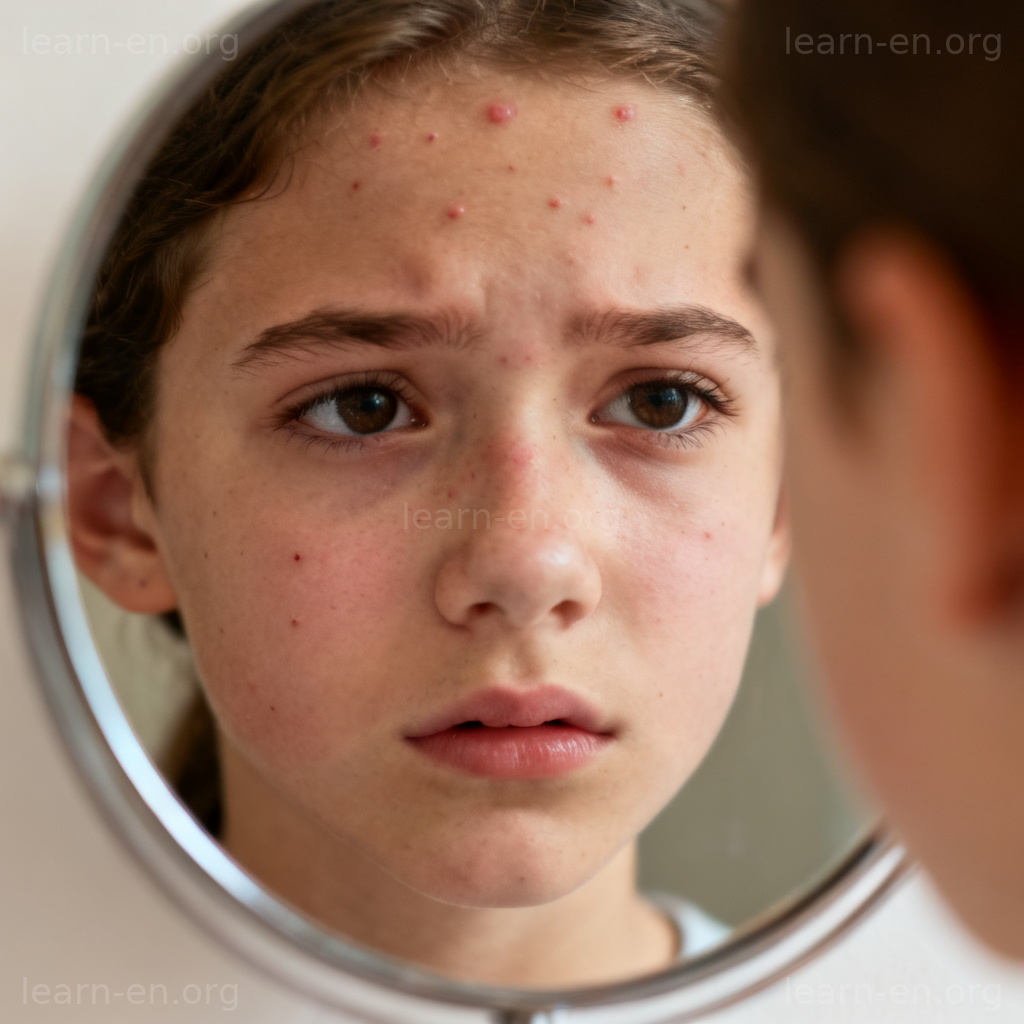 Pimples 图解：青少年额头和脸颊上红色小疙瘩的特写