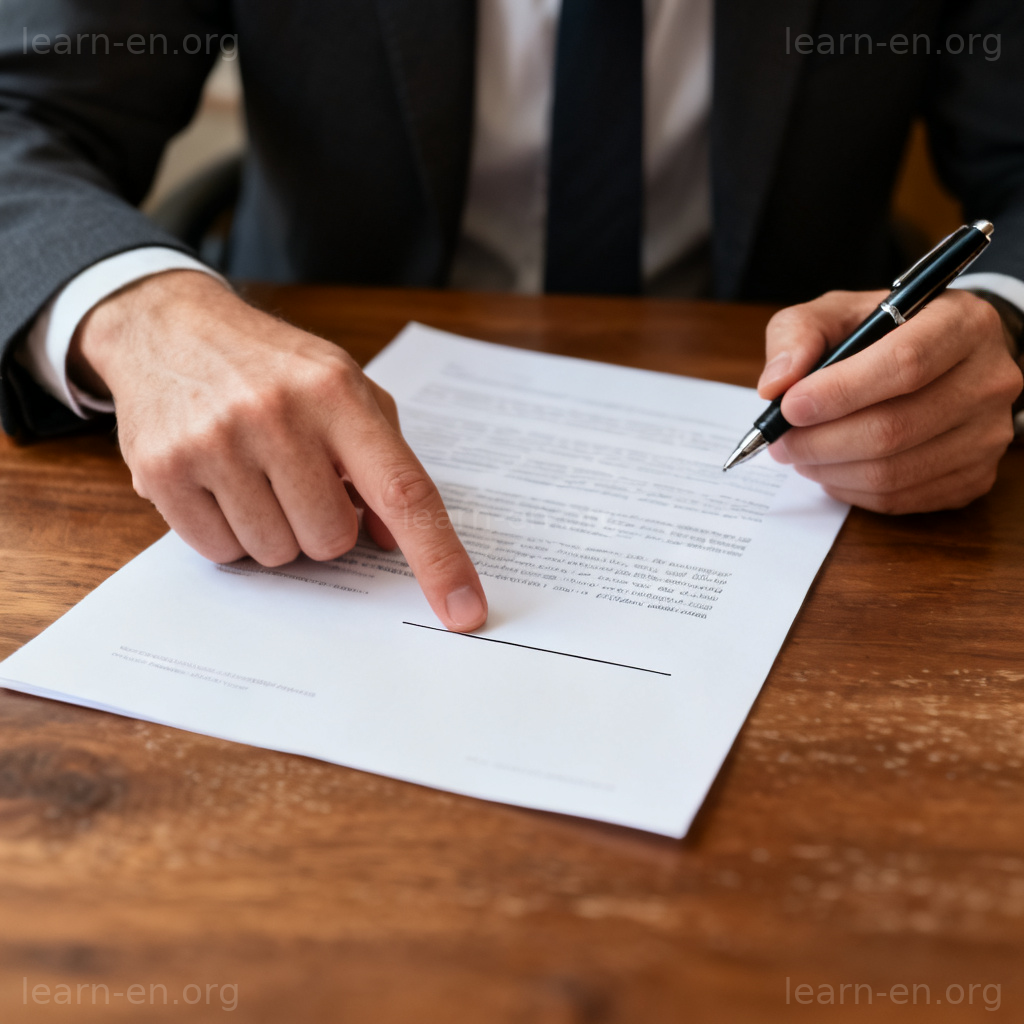 Please sign here 图解：手指指向文件签名处准备签字