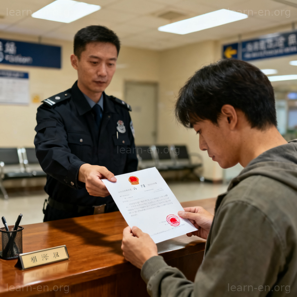 Police Report 图解：警察在警局向市民递交一份带有信头和印章的正式文件
