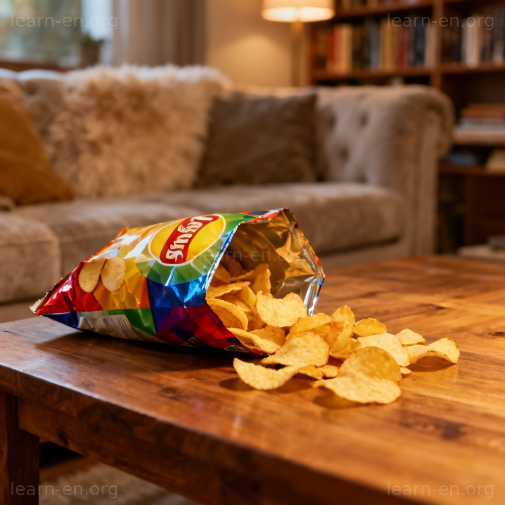 Potato Chips 薯片图解：木桌上打开的彩色包装袋，薯片散落，温馨客厅场景