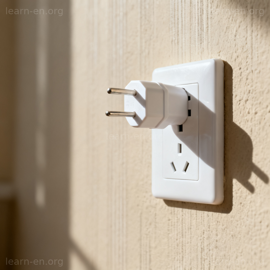 Power Outlet 图解：白色电源插座在米色墙上，三脚插头即将插入