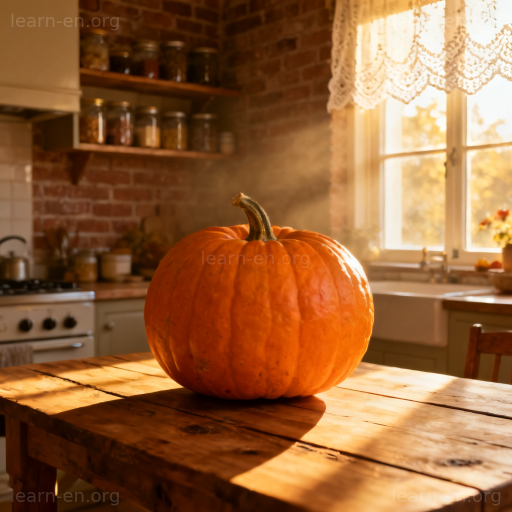 Pumpkin 图解：橙色大南瓜在厨房木桌上的场景