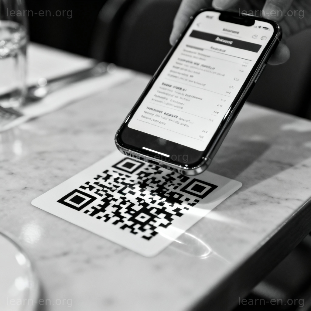 QR code 图解：智能手机扫描餐厅桌上二维码查看菜单的场景