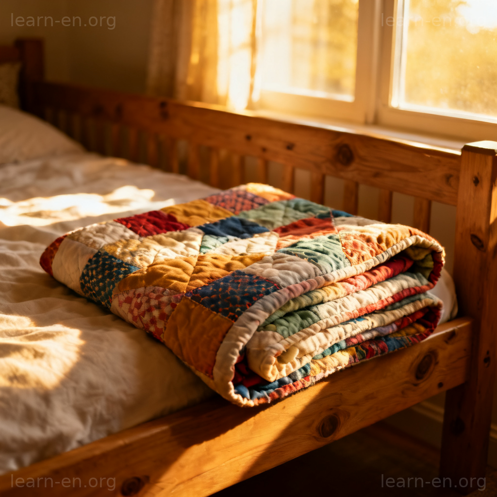 quilt 被子图解：阳光卧室中折叠在木床床尾的彩色手工缝制被子