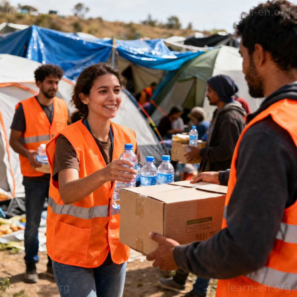 Relief Efforts 图解：志愿者在临时营地分发救援物资