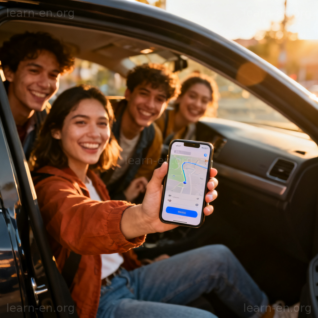 Ride-sharing 拼车场景图解：多人通过手机应用共乘一辆汽车