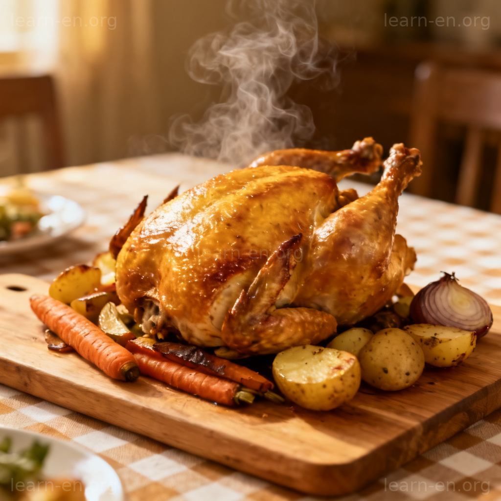 Roast Chicken 烤鸡图解：金黄酥脆的整只烤鸡置于木砧板，搭配烤蔬菜