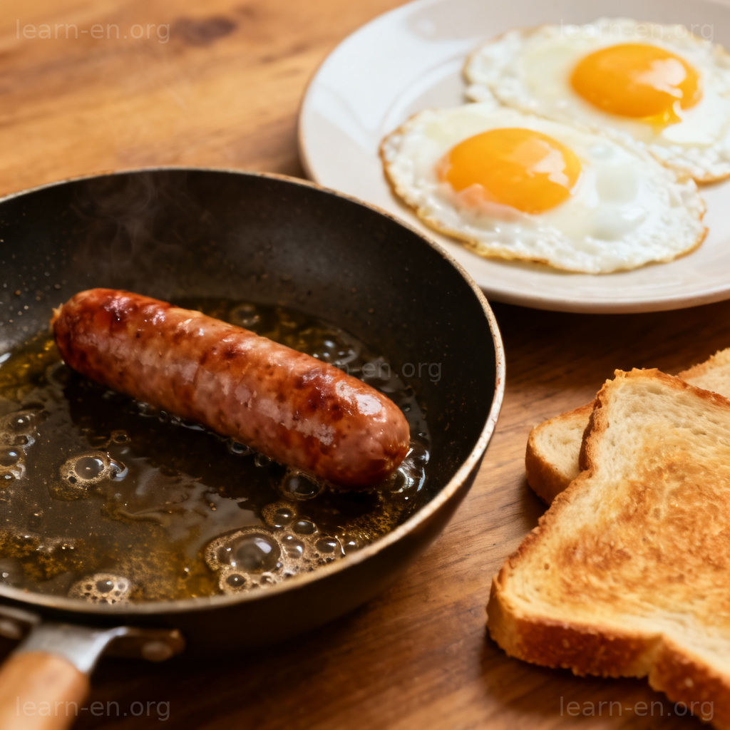 Sausage 图解：平底锅中煎至焦香的香肠早餐场景