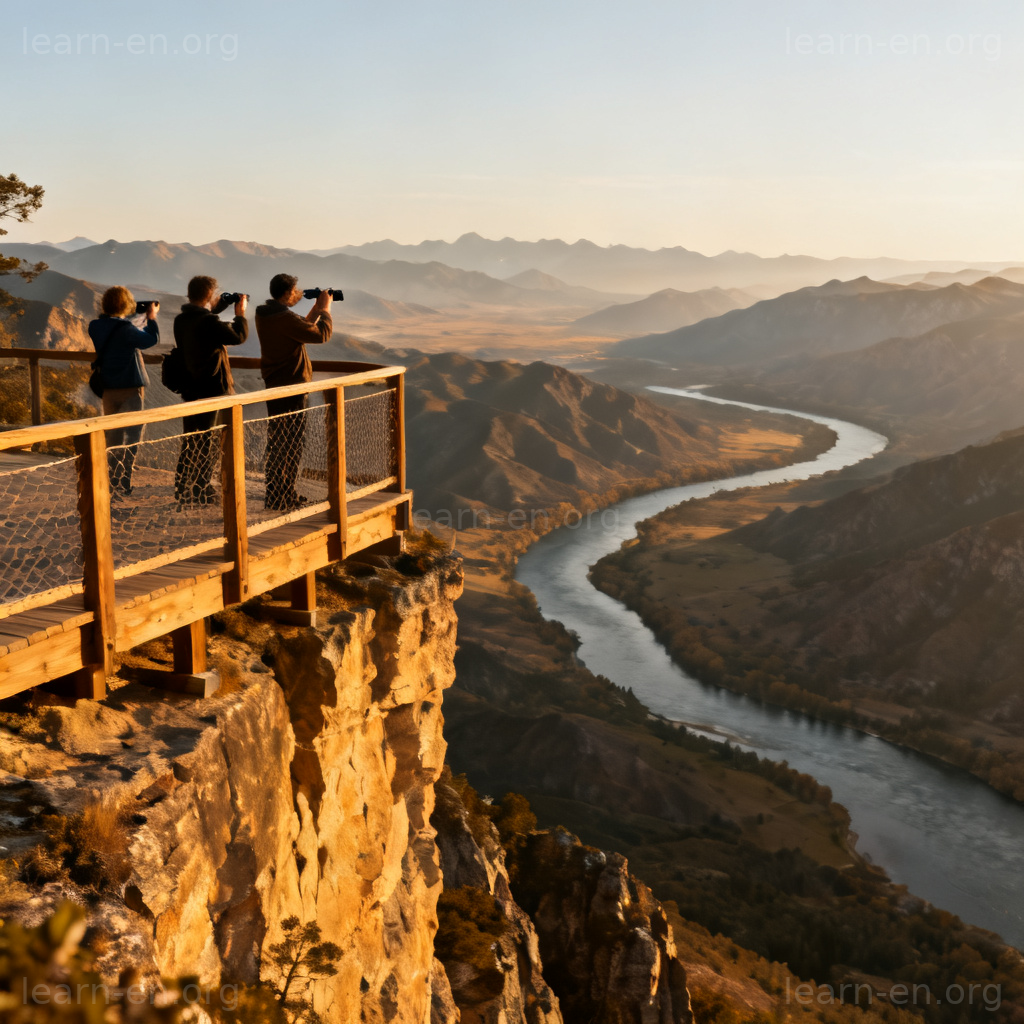 scenic viewpoint 图解：悬崖边木质观景台俯瞰山川河流