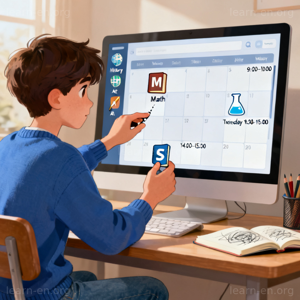 schedule classes 图解：学生在电脑前向周历拖放课程图标进行排课