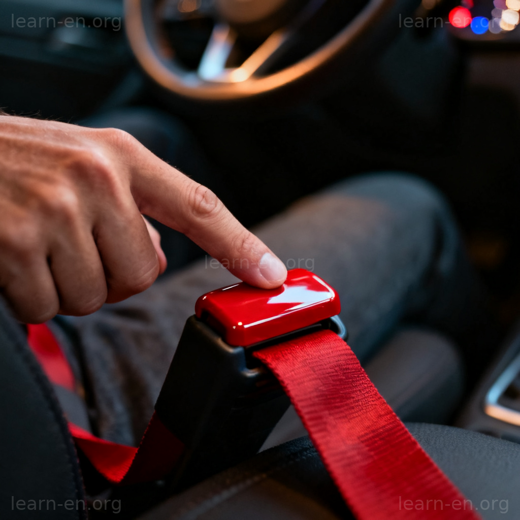 Seatbelt 安全带图解：驾驶员扣上红色安全带的特写场景