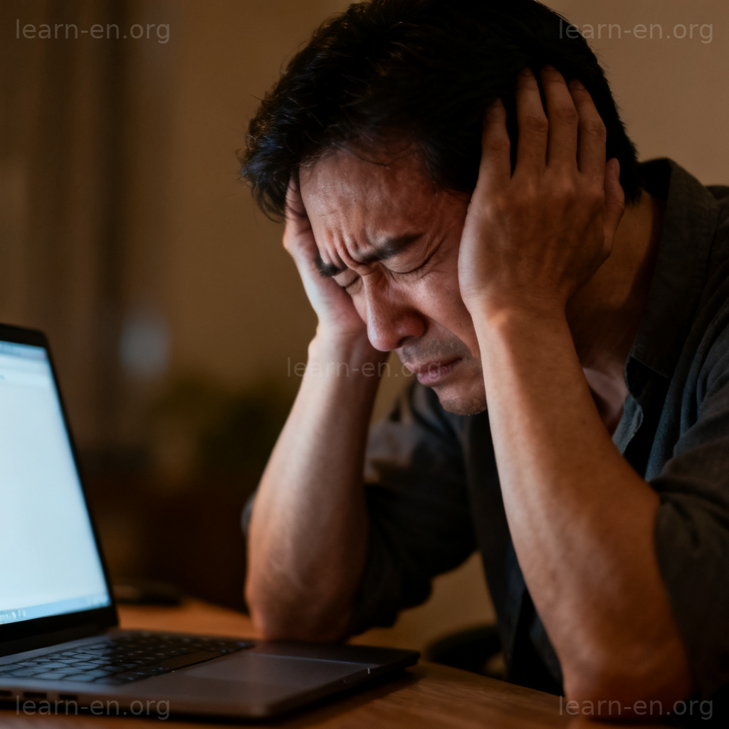 severe headache 图解：成年人双手抱头表情痛苦，背景有笔记本电脑