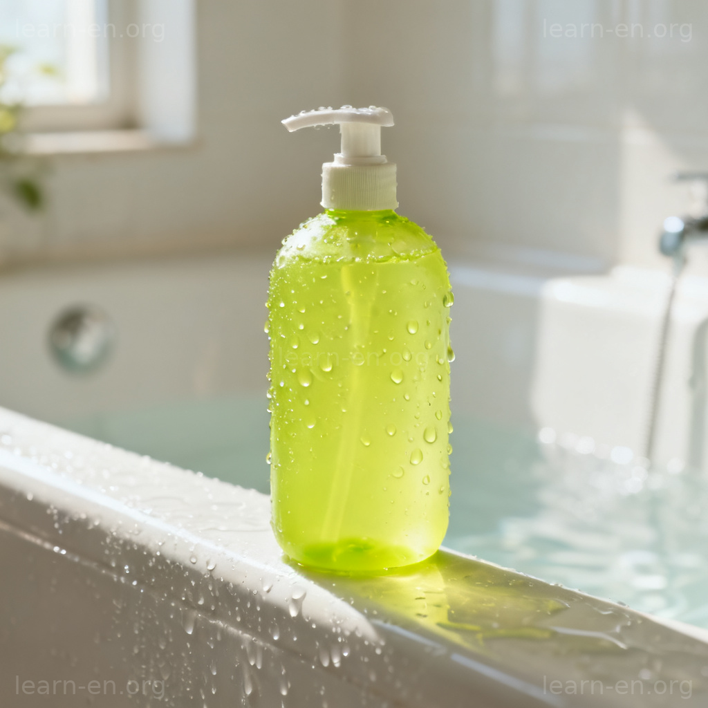 Shampoo 洗发水图解：浴室边沿带水珠的明亮洗发水瓶