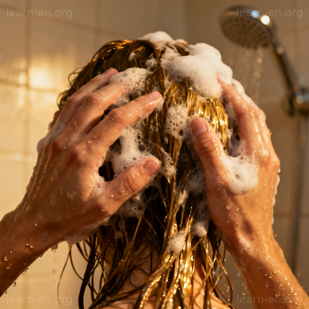 Shampoo 洗头动作图解：淋浴中双手按摩起泡湿发的特写