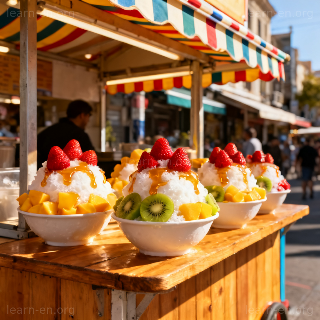 Shaved ice 刨冰图解：夏日摊位上的彩色水果刨冰