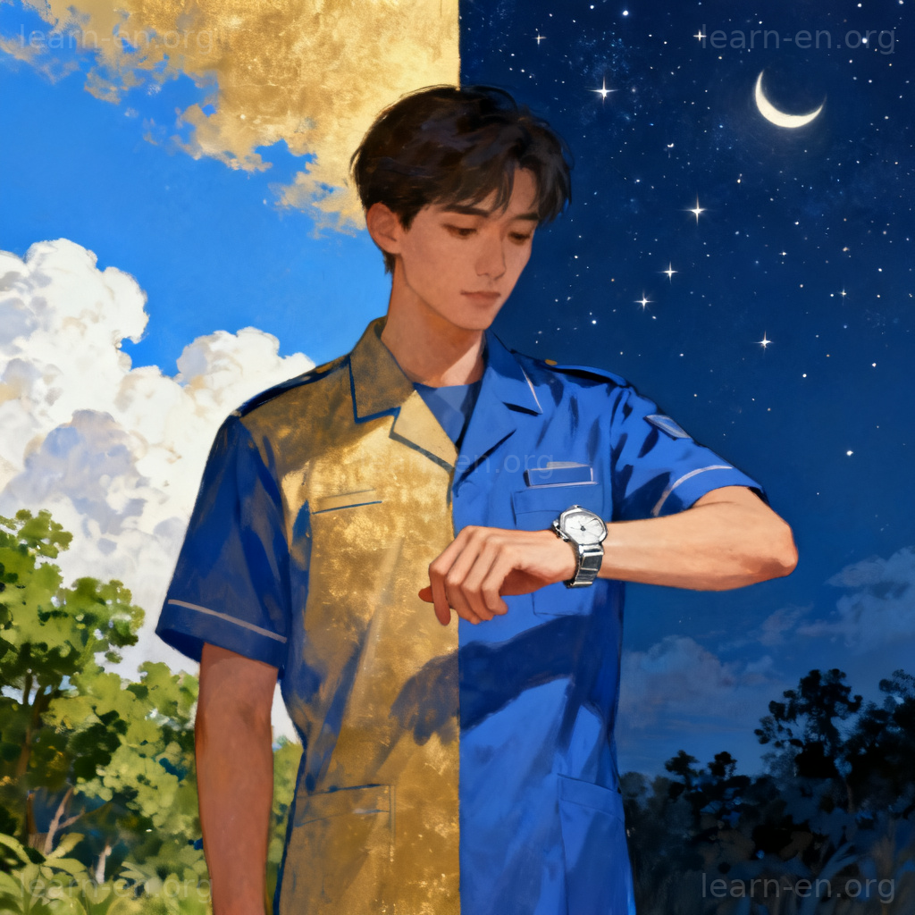 Shift work 图解：穿制服的人看表，背景昼夜交替展示轮班场景